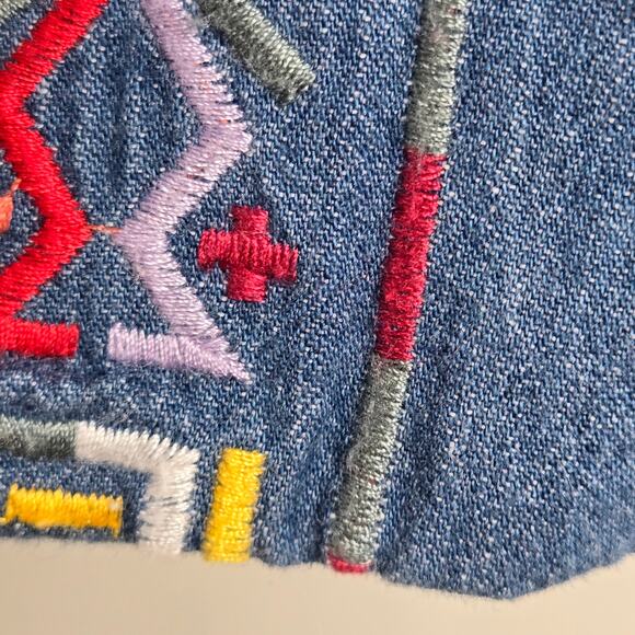 Falls Creek EUC denim embroidered Aztec open jacket kimono sleeves Medium blue - Picture 7 of 15